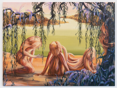Mónika Kárándi, Turn around and look, 2023, oil, acrylic on canvas, 59 ¹⁄₁₆ x 78 ³⁄₄ inches. Courtesy of the artist and Anat Ebgi