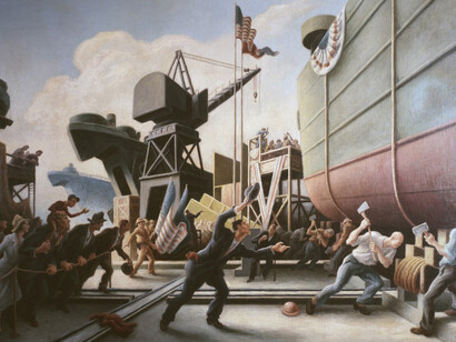 Thomas Hart Benton (American, 1889 – 1975), Cut the Line, 1944, oil on canvas, 39 x 54 in. (framed dim.), Navy Art Collection, Naval History and Heritage Command, Washington, D.C., 88-159-BO.
