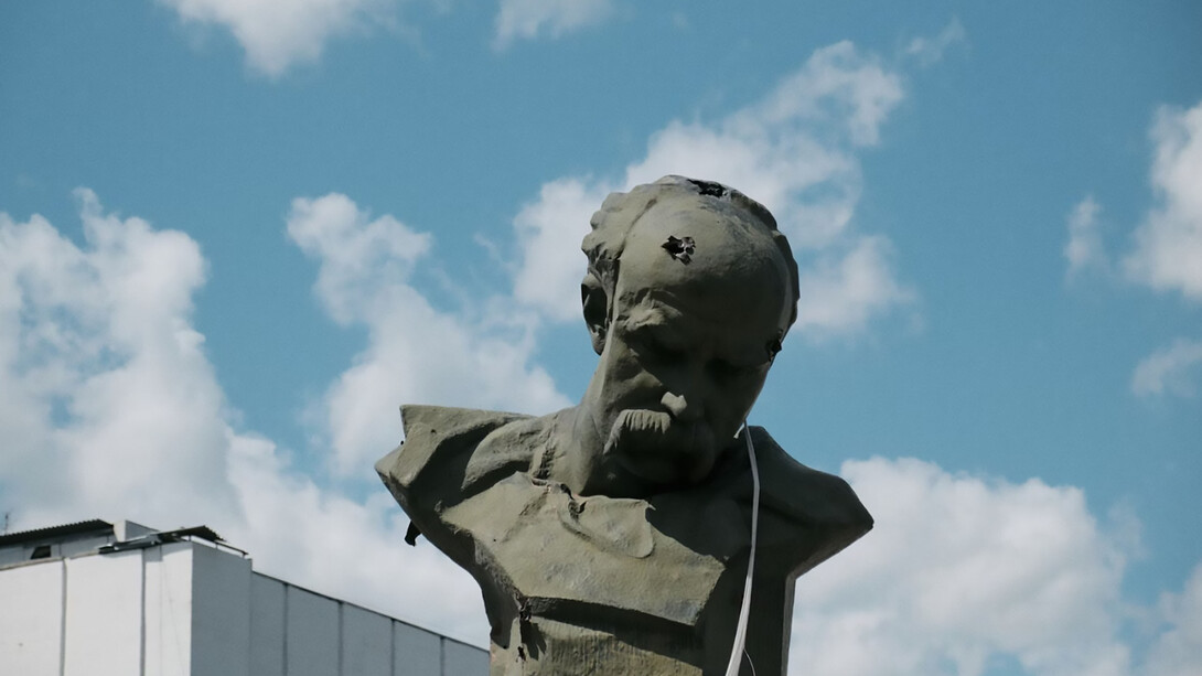 Taras Shevchenko memorial damaged by bullet fire in Borodianka, Kyiv Oblast, Ukraine