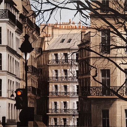 Guillaume Chansarel, Paris le Marais, Mixed media on canvas, 23¾ x 36¼ (60 x 92cm)