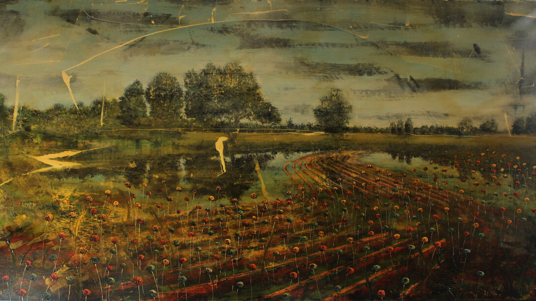 Forbici Jernej, 263 camouflage flowers, 2015, Acrilico e olio su tela, 130x240 cm