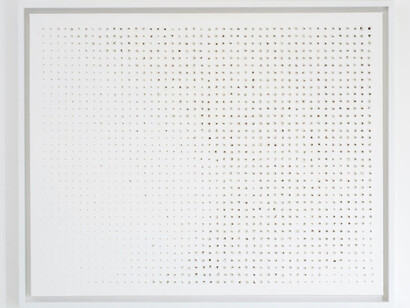 Kirstie Macleod, Flow, 2015, White masonry paint on stretched canvas with drilled holes, Image: 152 x 121 cm, Framed: 162 x 132 cm