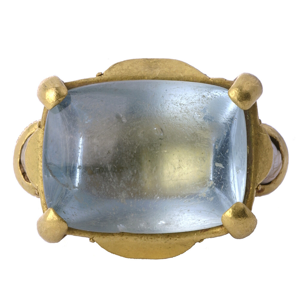 Byzantine Gemstone Ring, Byzantium, Constantinople, 12th-13th century, Gold, aquamarine, and pearls, Griffin Collection. Photograph by Richard Goodbody