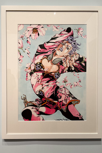 Original manga artwork from “Art of Manga” at the de Young Museum in San Francisco, featuring Giorno Giovanna from JoJo’s Bizarre Adventure: Part 5 – Golden Wind. Created by Hirohiko Araki, the work, titled “Giorno in Spring,” was originally produced for the 2003 “JOJO in Paris” exhibition.Photo: © İdil Burkutoğlu
