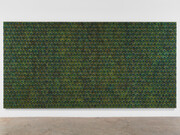 Carol Bove, Untitled, 2014, Peacock feathers and UV filtering acrylic on linen, 4 part sculpture, 96 1/2 x 194 x 5 inches (245.1 x 492.8 x 12.7 cm). Courtesy David Zwirner, New York/London