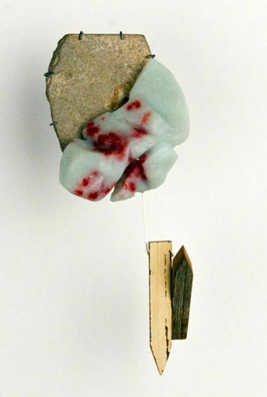 Kelly Novak, Fragments from Utopia: Preikestolen V, Silver, Steel, Reclaimed Wood, Resin, Found Stone, Vintage Red Wool Sweater, 3.5”x 3”x .75", 2013