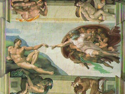 Cappella Sistina. _Il grande affresco del Giudizio Universale_ (1536-1541). Michelangelo, Creazione di Adamo.  
