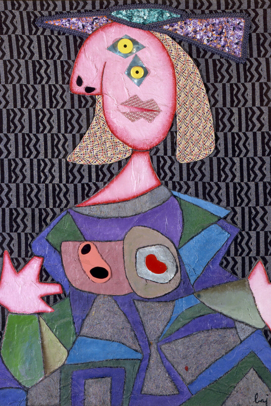 Enrico Baj, Femme d’apres Picasso, 1969, tecnica mista su stoffa, 130 x 92 cm. Courtesy of Palazzo Leone da Perego