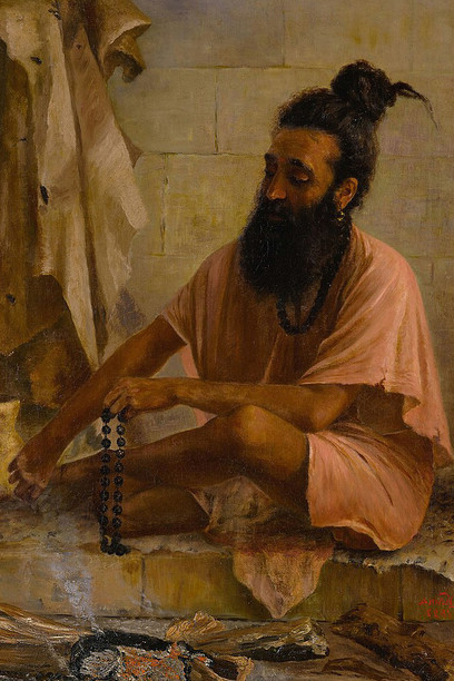 Vishvamitra, an ancient Hindu sage, in deep meditation. He is seen counting prayer beads before a small fire