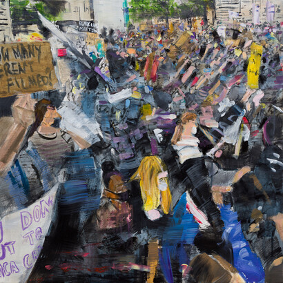 Oona Hassim, Black Lives Matter Demo: Cenotaph, 2020, acrylic on canvas, 61 x 61cm.
Courtesy O.Hassim, Woolff Gallery. Photo: Lucid Plane.
