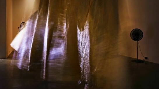 Céline Condorelli, Additionals, 2013. Structure for Communication with Wind, 2012 - 2013, metallised space blanket, curtain tape. 3300 x 400cm. Image courtesy of Project Arts Centre, Dublin