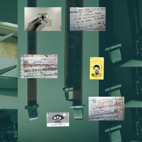 Tris Vonna-Michell, Perforations I (Wasteful Illuminations), 2015, inkjet print, three used Japanese telephone cards, 54,5 x 109 cm, Courtesy the artist and Jan Mot, Brussels
