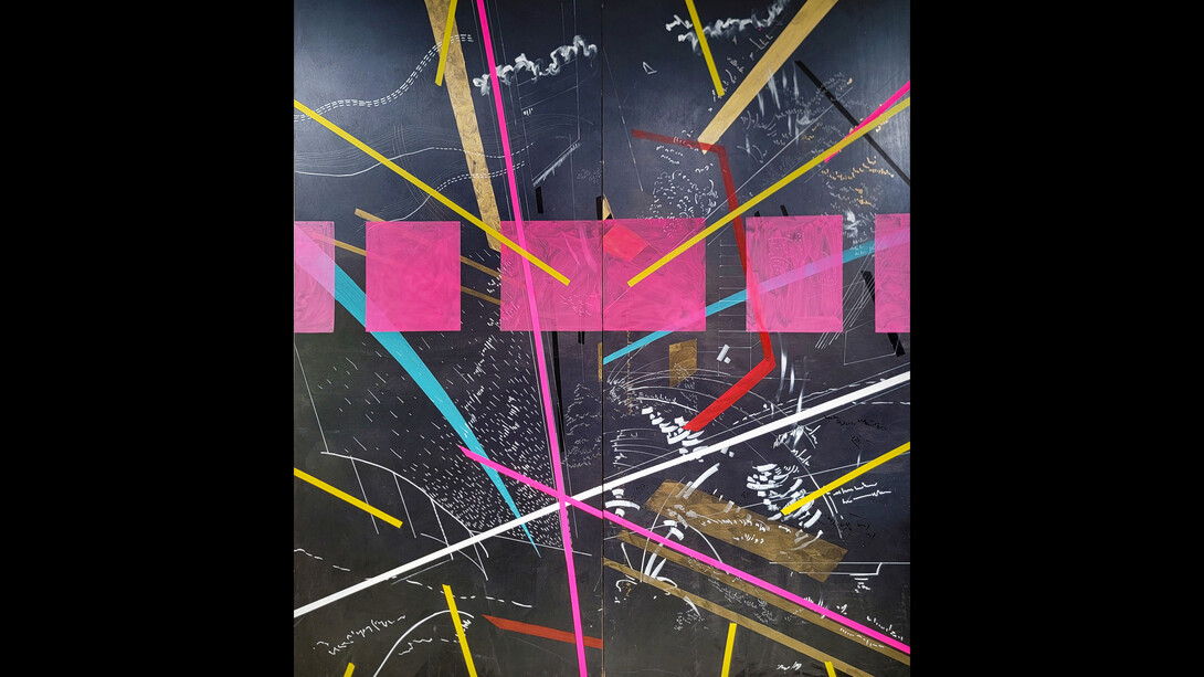 Chukwuemeka Anthony Chukwu, Federation, 2022, acrylic, ink and tapes on wood panel, 72x85 inches. Courtesy of the artist and VillageOneArt