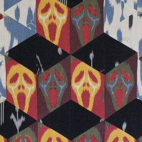Dilyara Kaipova, Silk and velvet vs warning safety signs, painting on exhibition. Courtesy of Andakulova Gallery