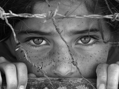 A child grips the threshold of captivity, her eyes mirroring the silent rebellion of the soul against a world devoured by chaos