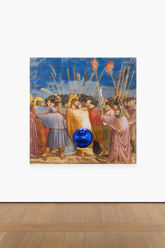 Jeff Koons, Gazing Ball (Giotto The Kiss oJudas), 2015-2016, Oil on canvas, glass and aluminium, 166,4 x 165,1 x 37,5 cm, 65 1/2 x 65 x 14 3/4 inches. Courtesy of Almine Rech Gallery