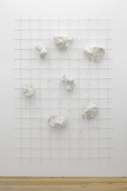Vanessa Safavi, Competitive-bonding (hypoglycemia), 2015, metal mesh, silicon, bandages, cord, cable ties, glucose, 220 x 150 x 20 cm