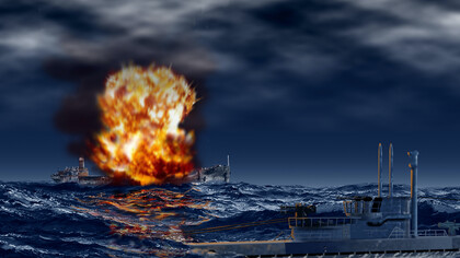 Ilustración de Carlos Adrián Garcia que refleja el ataque del U502 al «Monagas» el 16 de febrero de 1942