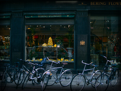 In Kjellerup, Denmark, bikes are lined up in front of cafes on the streets