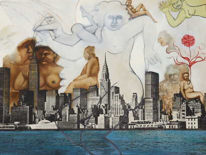 Anita Steckel, NY skyline on Canvas #1 (woman pressing finger down), c. 1970-74. Cortesía del Whitney Museum