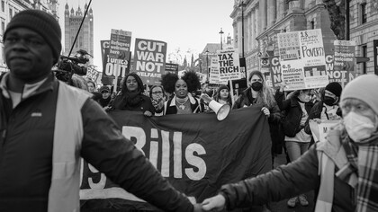This photograph was taken on 12 February 2022, as protesters marched from Parliament Square along Whitehall towards Downing Street during a large demonstration in London against the government’s role in rising living costs and growing inequality and poverty. The protest was organised by the anti-austerity group People’s Assembly in collaboration with trade unions, with parallel rallies held in 25 cities across the UK