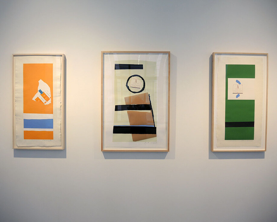 Robert Motherwell prints, left to right: Summer Light Series: Harvest, with Two White Stripes, 1973; Summer Light Series: Pauillac, #1, 1973; Summer Light Series: Pauillac, #3, 1973. Courtesy of the Dedalus Foundation, Inc.