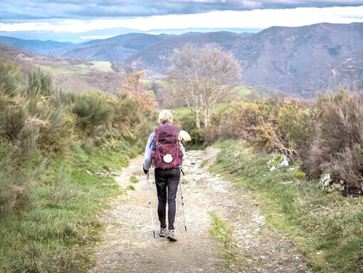 Mujer recorre el Camino de Santiago por Galicia, España