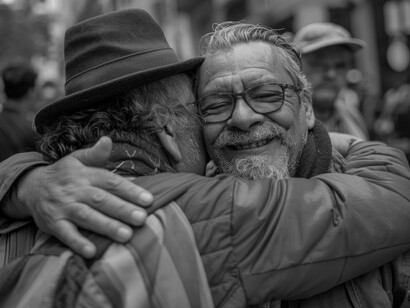 Two men embracing warmly embody the "unbreakable spirit" and deep-seated connection that defines the Venezuelan people, illustrating how they remain a single, unified community despite being scattered across the globe
