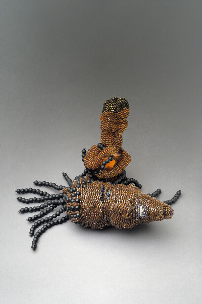 From the Day After Rape Series: Mommy, 2009
glass jar, glass beads and thread
4 x 9 x 6 inches (10.2 x 22.9 x 15.2 cm)
Image courtesy of the artist and Peter Blum Gallery, New York
 