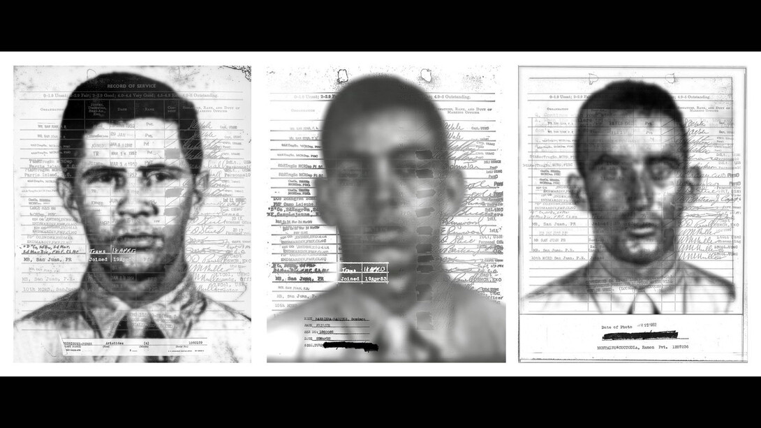 USMC Puerto Rican origin: Aristides Rodriguez-Peres, Domingo Barriera-Vazquez, Ramon Montalvo-Custodio, Bonnie
Donahue, archival digital prints, 20” x 54”, 2011. Courtesy of the artist and Kingston Gallery