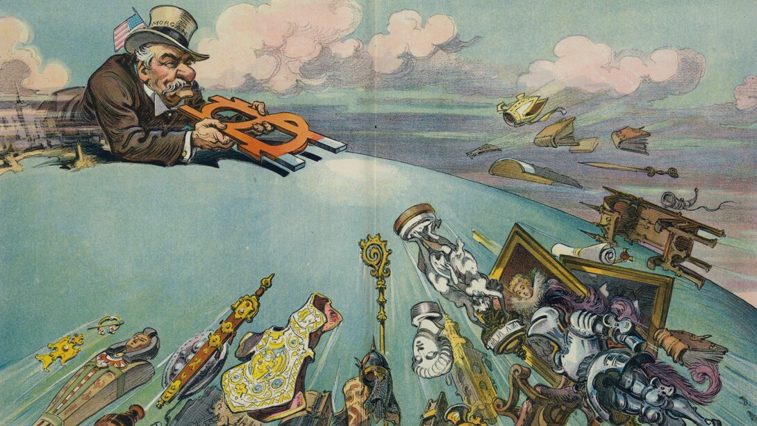 Satirical lithography by Udo J. Keppler published in 1914 by the Library of Congress. The work symbolizes the primacy of financial power as the axis of ordering and global strategic control at the beginning of the 20th century