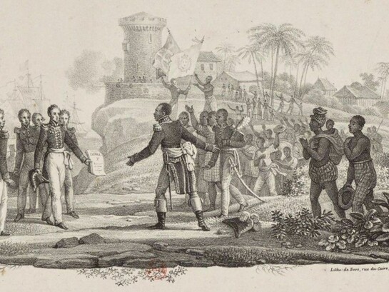 An 1825 engraving by Jean-Charles Develly depicts French envoy Baron de Mackau presenting King Charles X's ordinance to Haitian President Jean-Pierre Boyer, demanding a 150 million gold franc indemnity for formal recognition of independence