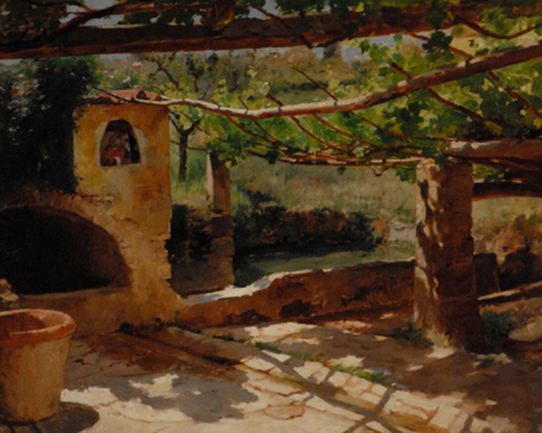 Frank Duveneck (American, 1848 – 1919), Well and Water Tank, Italian Villa, c. 1887, oil on canvas, 25 x 38 in., The Jean and Graham Devoe Williford Charitable Trust.