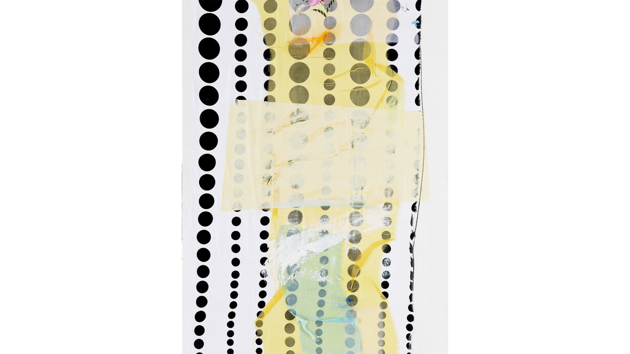 Rick Begneaud, Manuscript, 2009, Collage and acrylic on canvas, mounted to panel, Framed: 40 x 23 x 3.5 inches; 101.6 x 58.4 x 8.9 cm. Signed lower right, Signed, titled, dated on verso. Courtesy Woodward Gallery, NYC