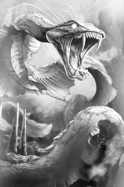 Le serpent. Il peut apparaître sous la forme d'un éclair lumineux, fendant les eaux; alors, sa voix retentit de tous côtés