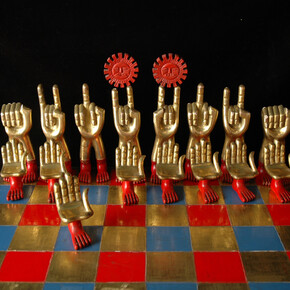 Chess set with table, Design by Pedro Friedeberg, Polychromed wood, gold-leaf. Courtesy ADN Galería