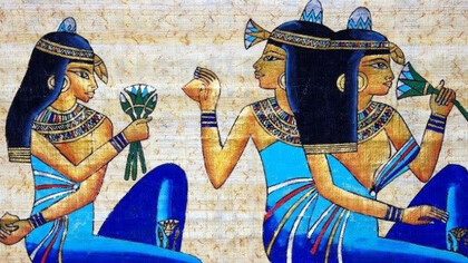 Three enchanting Egyptian women painted on papyrus, adorned in resplendent dresses the colour of Egyptian blue, epitomising timeless beauty and grace