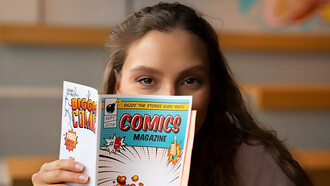 Woman reading comics in a cafe