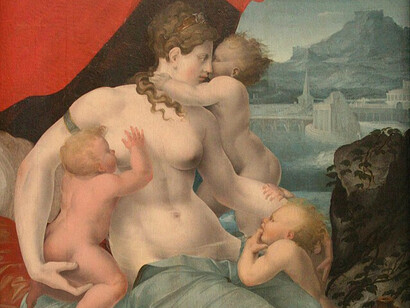 La Charité, allégorie peinte par Jean Cousin l’Ancien au XVIᵉ siècle, illustre la vertu théologale sous les traits d’une figure maternelle entourée d’enfants. Musée du Louvre