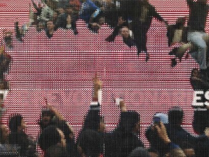 John Sparagana, Crowds & Powder: The Revolutionaries 2, 2013. Fatigued magazine pages with oil stick, sliced and mixed, on paper, 21 in. x 31 1/2 in.