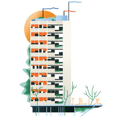 Edifício Juriti, localizado na cidade de São Paulo, Brasil. Ilustração de Fabrizio Lenci