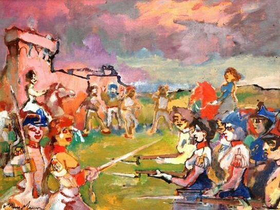 Mino Maccari, La parata, 1959, olio su compensato