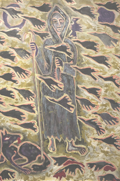 Feldsott, Crippled Healer Walking in the Land of Crows, 2020, mixed media on paper, 30 x 22 inches