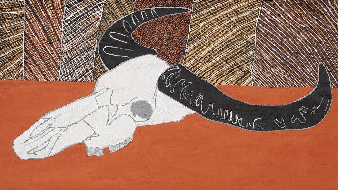 Graham Tipungwuti, Pajungwani amintiya jarrangini pwoja (Death with buffalo skull) (detail). Courtesy of Outstation Gallery