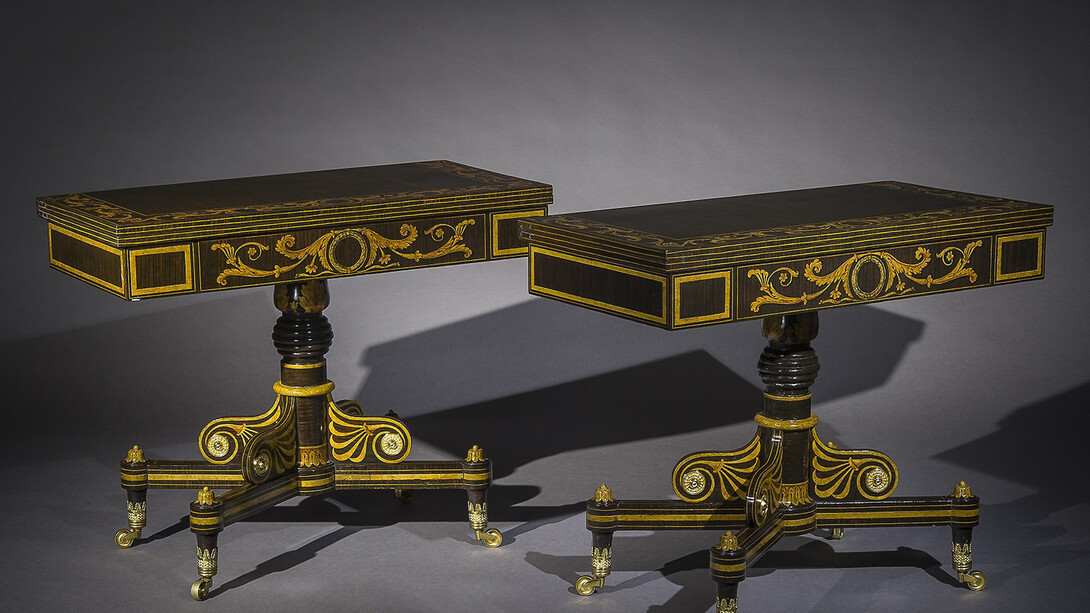 Pair Card Tables in the Neo-Classical Taste, about 1825, Attributed to John (1777–1851) and Hugh (1781–1830) Finlay, Baltimore, Maryland (active about 1800/01–30), Mahogany, maple, pine, and poplar, painted and paint-grained rosewood, and gilded, with gilt-brass toe caps and castors and die-stamped rosettes, and red velvet in the wells, 28 7/8 in. high, 35 7/8 in. wide, and 17 3/4 in. deep; open: 35 9/16 x 35 7/8 in. Photo credit: Eric W. Baumgartner
