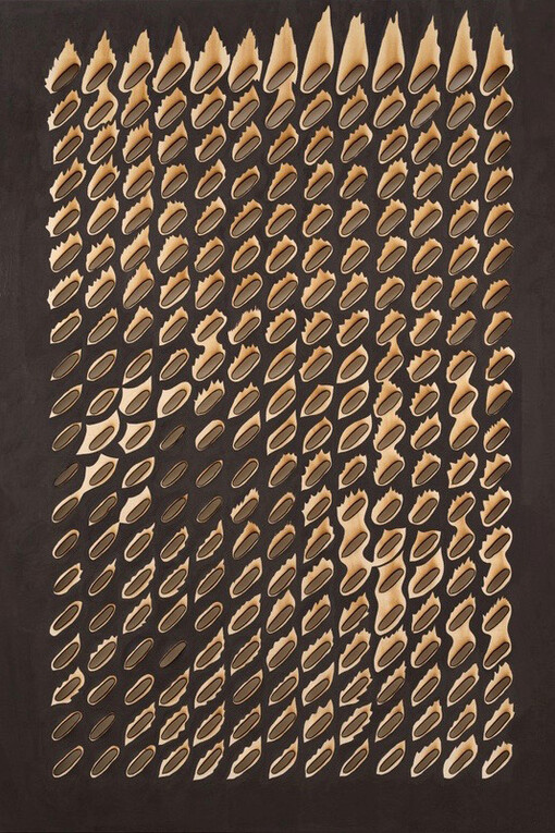 Kathleen Kucka, “Sinkhole”, 2017, burns and oil on canvas 70 x 50 inches