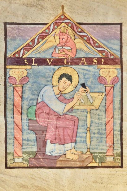 San Lucas (detail) del Códice de Irmengard, poco después de 1053. Cortesía del Museo J. Paul Getty 