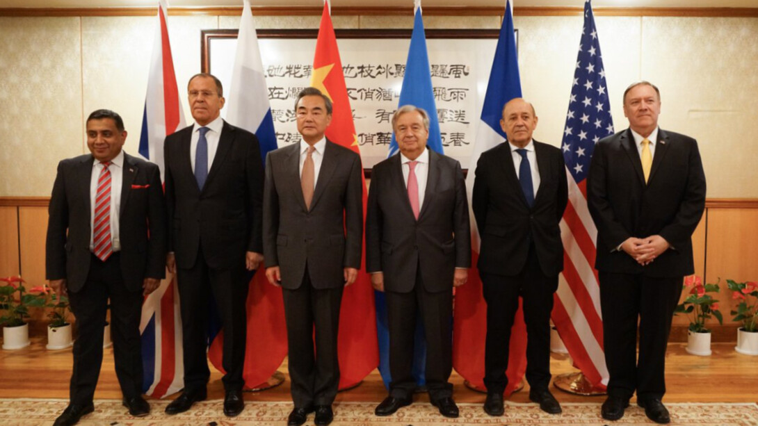 Foreign Minister Jean-Yves Le Drian of France, Foreign Minister Sergei Lavrov of Russia, State Councilor and Foreign Minister Wang Yi, Secretary of State Michael Pompeo of the United States, Minister of State for the Commonwealth and the United Nations of the United Kingdom Lord Tariq Ahmad, and UN Secretary-General António Guterres; Foreign Ministers of the permanent members of the United Nations (UN) Security Council