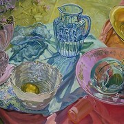 Janet Fish, Green Cloth, Pink Cloth, 2007, Oil on canvas, 44 x 75 inches
