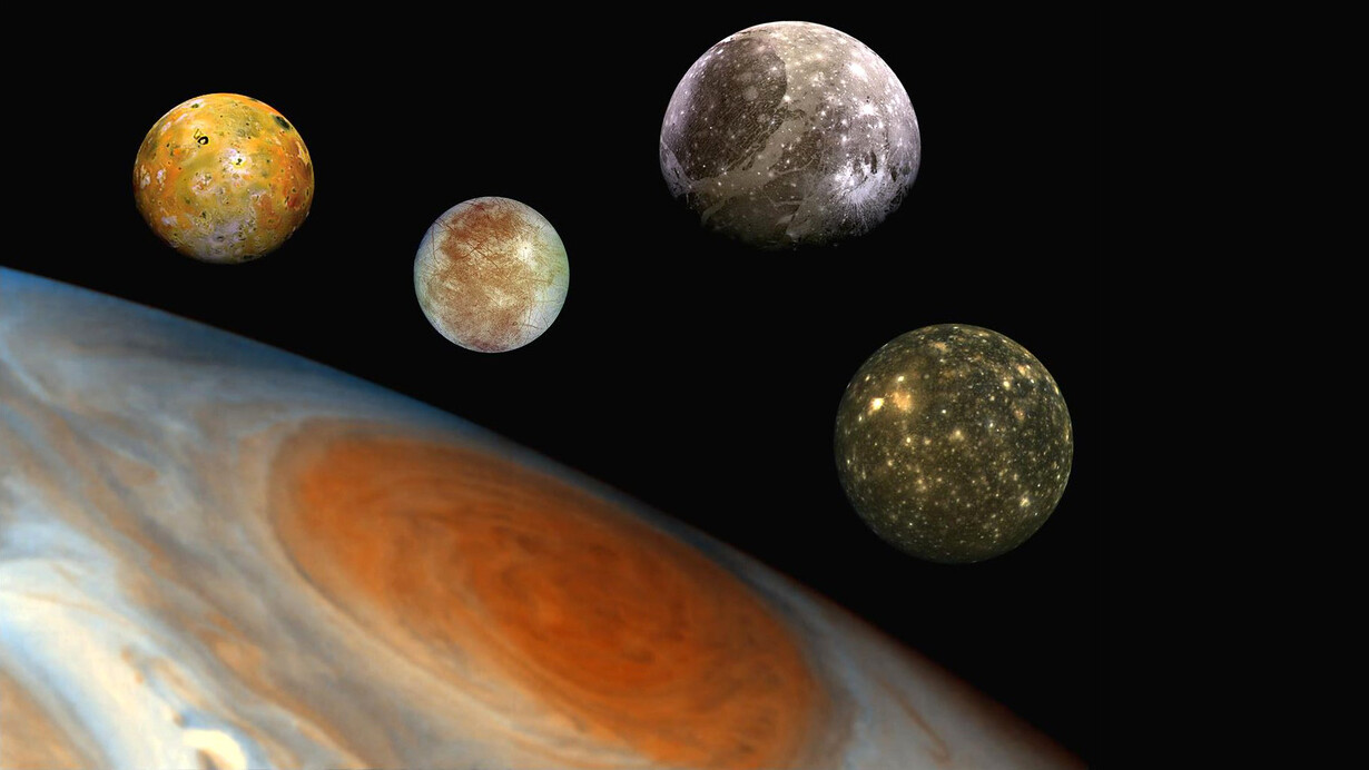 Montaje de Júpiter y las cuatro lunas galileanas